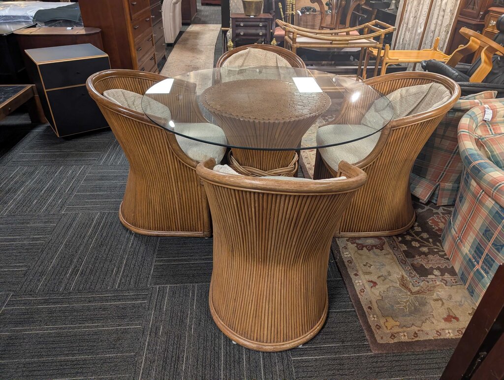 Mid Century Maguire "wheat Leaf" Ratan Glass Top Table With Four Chairs