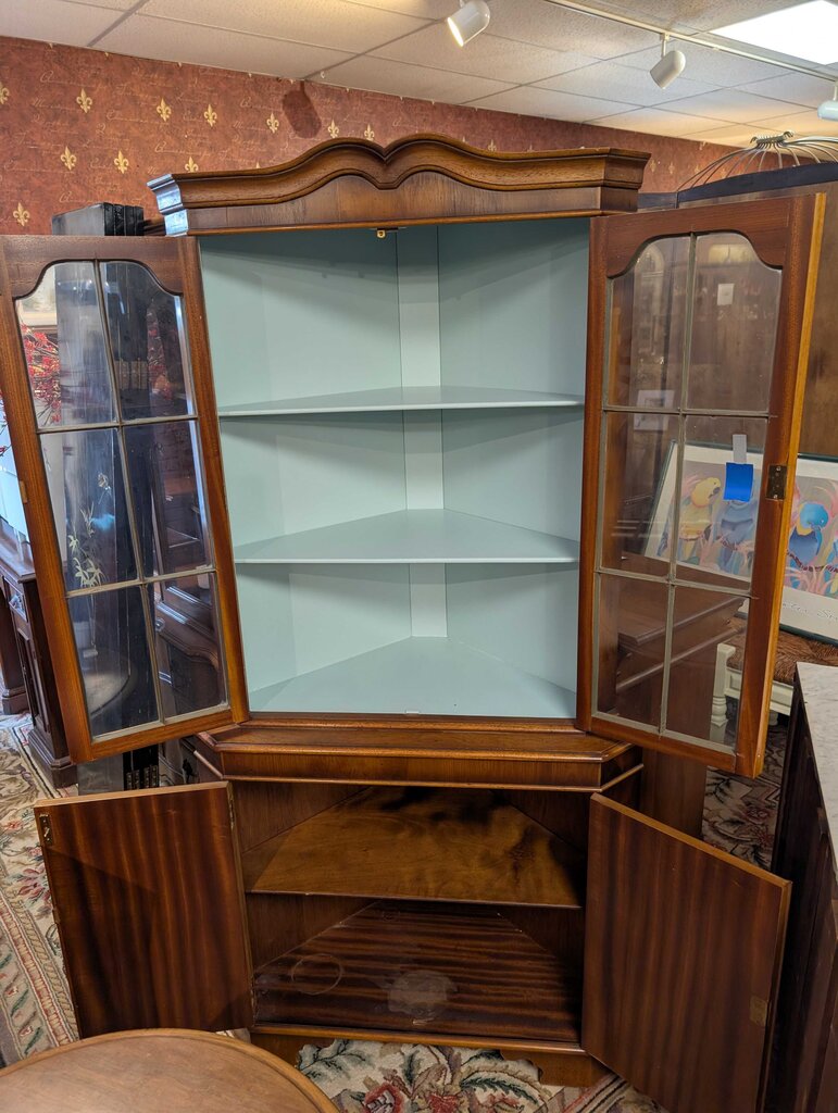 Colonial Revival Elm Burl Walnut Corner Cabinet