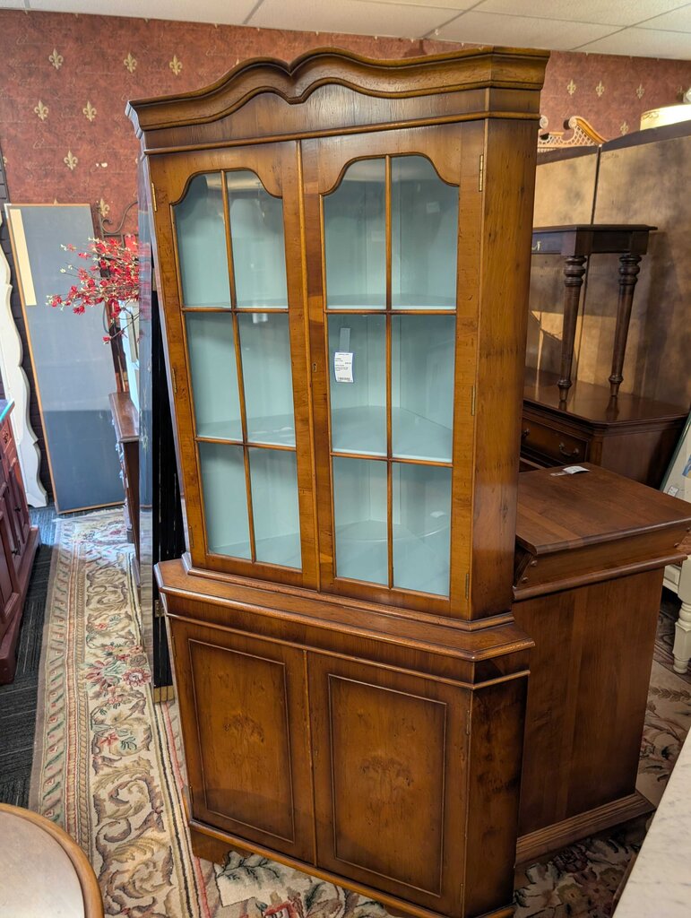 Colonial Revival Elm Burl Walnut Corner Cabinet