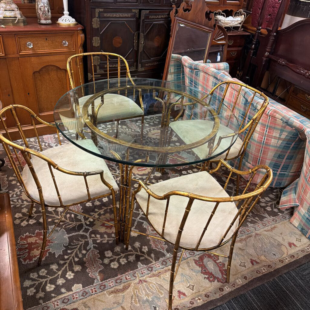 Vintage Regency Faux Bamboo Glass Top Table / 4 Chairs by La Barge Mirrors Inc.