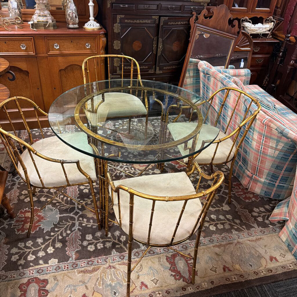 Vintage Regency Faux Bamboo Glass Top Table / 4 Chairs by La Barge Mirrors Inc.