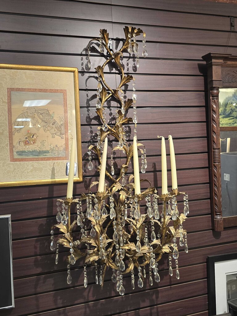 Vintage Hollywood Regency Gilt Iron & Crystal Wall Candelabra