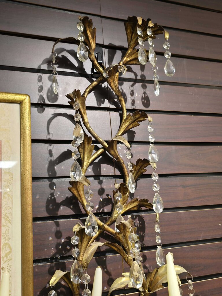 Vintage Hollywood Regency Gilt Iron & Crystal Wall Candelabra