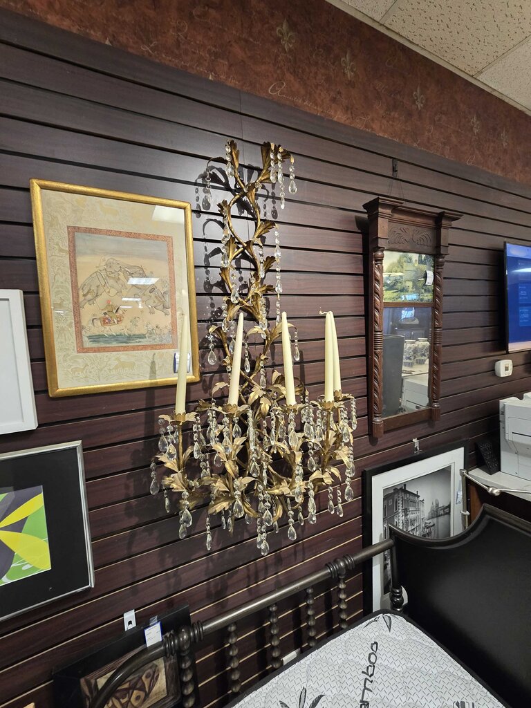 Vintage Hollywood Regency Gilt Iron & Crystal Wall Candelabra