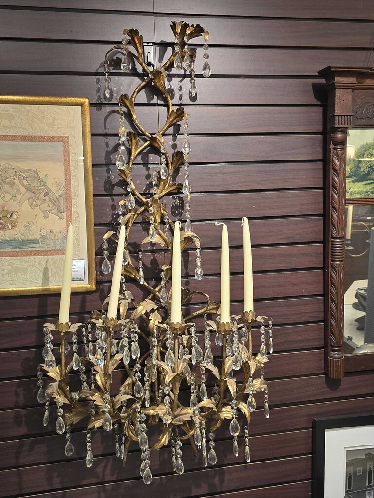 Vintage Hollywood Regency Gilt Iron & Crystal Wall Candelabra