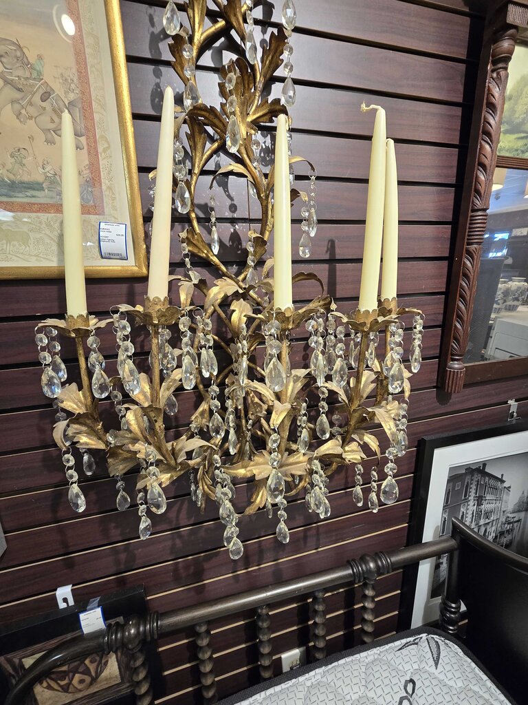 Vintage Hollywood Regency Gilt Iron & Crystal Wall Candelabra