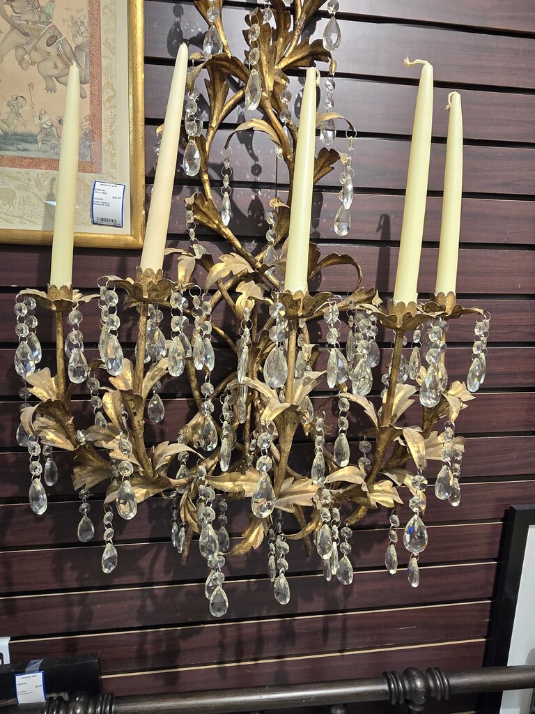Vintage Hollywood Regency Gilt Iron & Crystal Wall Candelabra