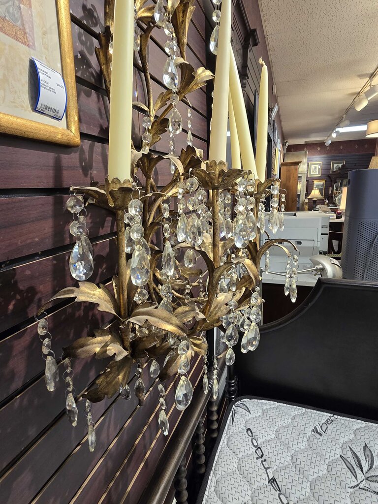 Vintage Hollywood Regency Gilt Iron & Crystal Wall Candelabra