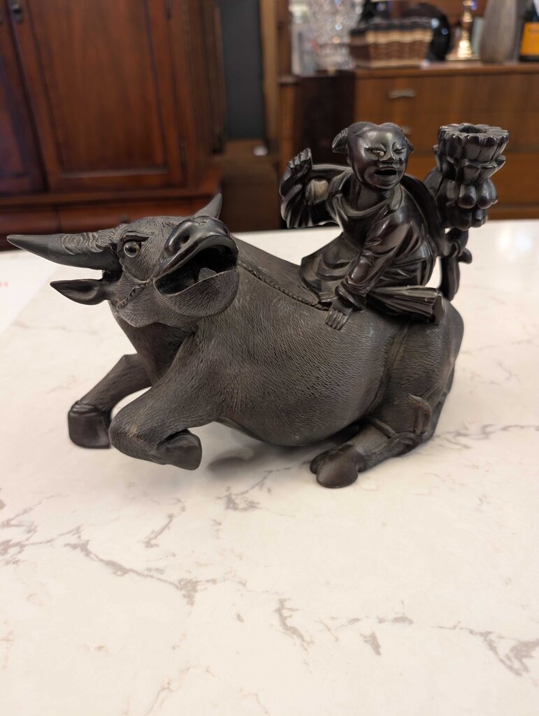 Mid Century Chinese Carved Harwood Boy Riding a Water Buffalo