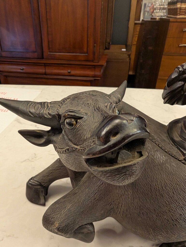 Mid Century Chinese Carved Harwood Boy Riding a Water Buffalo
