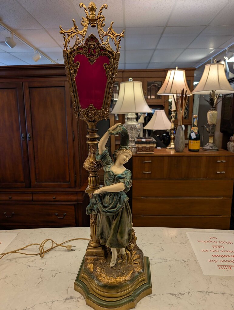Vintage Cast Metal Victorian Revival Maiden Lantern Figural Lamp by Gramtex