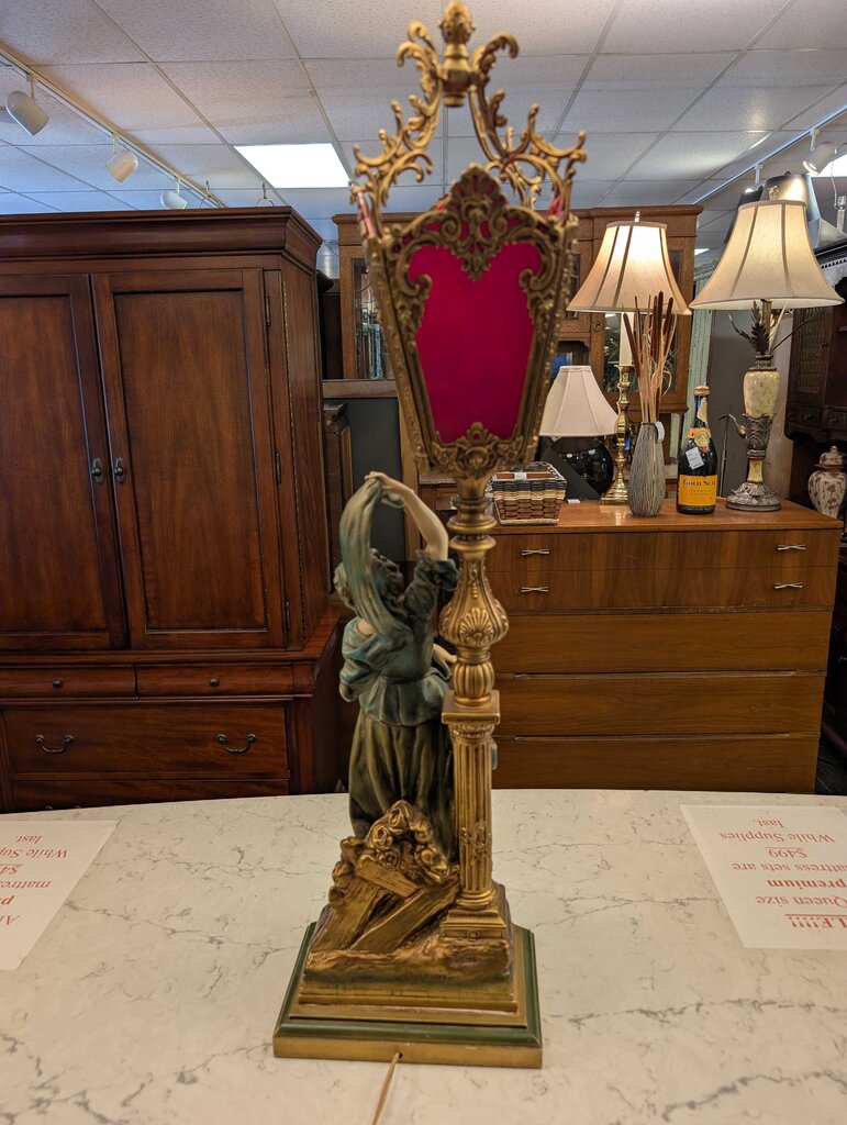 Vintage Cast Metal Victorian Revival Maiden Lantern Figural Lamp by Gramtex