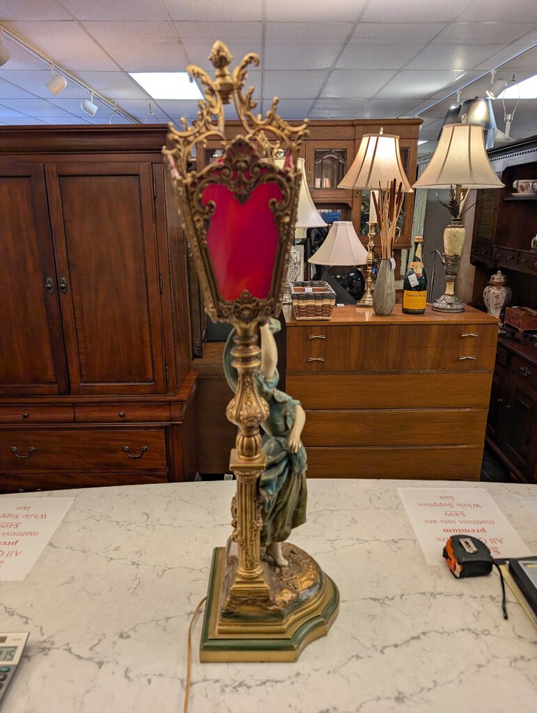 Vintage Cast Metal Victorian Revival Maiden Lantern Figural Lamp by Gramtex