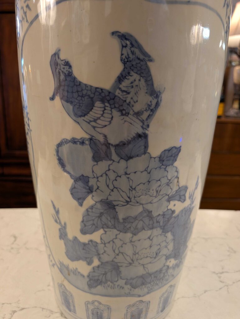 Decorative Chinese Blue & White Bird Porcelain Floor Vase