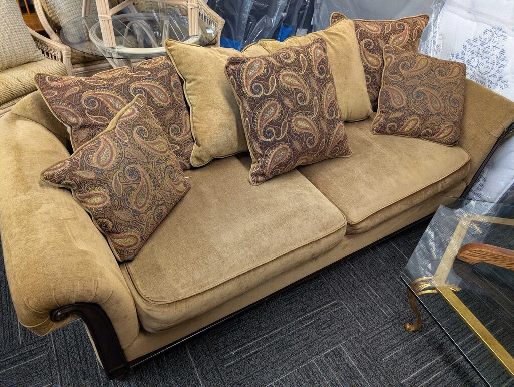 Tan Sofa With Wood Trim