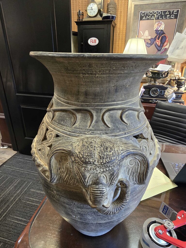 Large Heavy Mid-Century Hand Made Southeast Asian Elephant Pottery Floor Vase