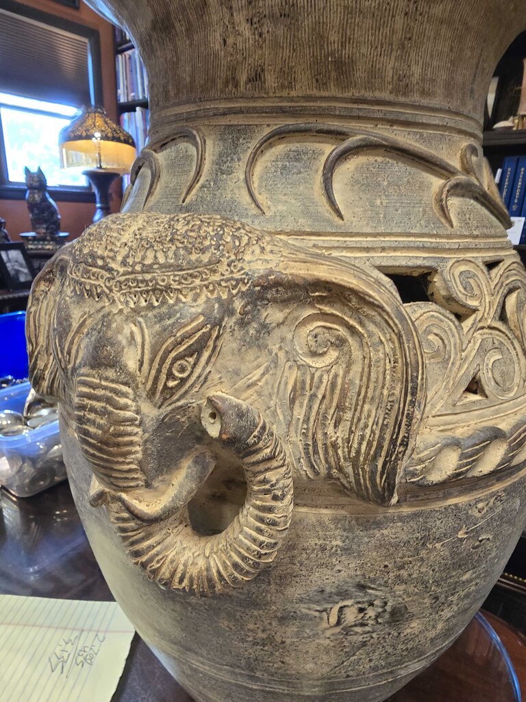 Large Heavy Mid-Century Hand Made Southeast Asian Elephant Pottery Floor Vase