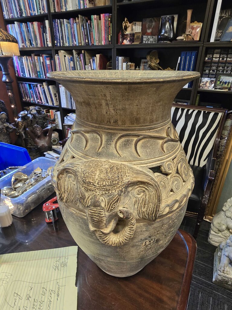 Large Heavy Mid-Century Hand Made Southeast Asian Elephant Pottery Floor Vase