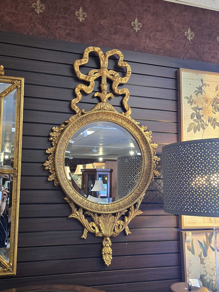 Contemporary Hollywood Regency Style Ribbon Crest Wall Mirror by Majestic Mirror