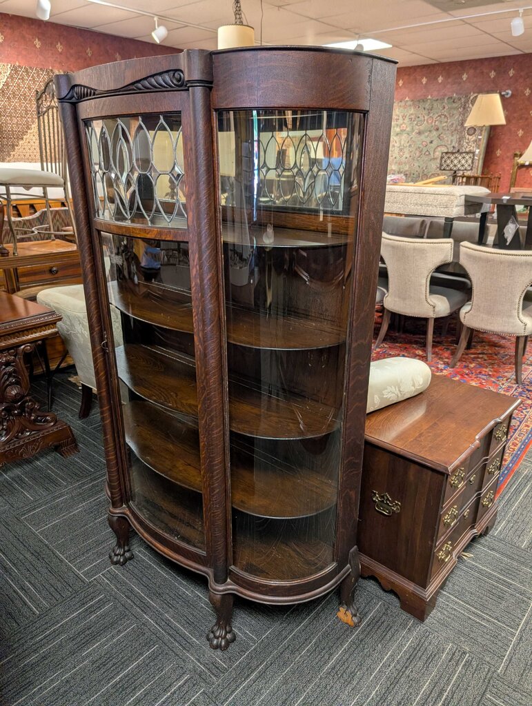 Antique Curved Glass Oak Curio Cabinet