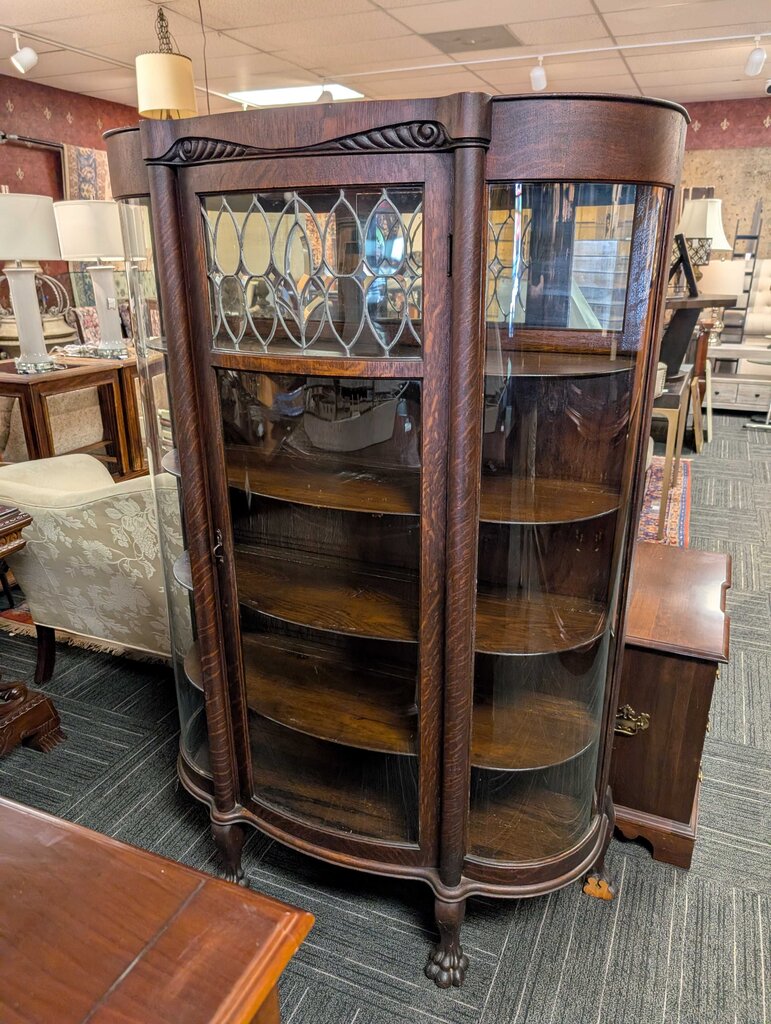 Antique Curved Glass Oak Curio Cabinet