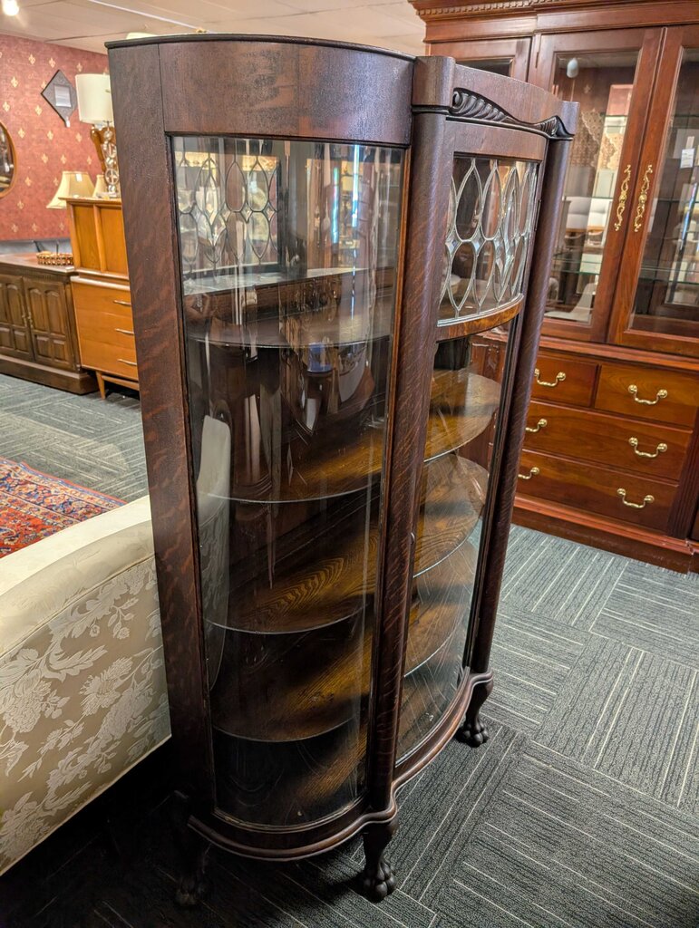 Antique Curved Glass Oak Curio Cabinet