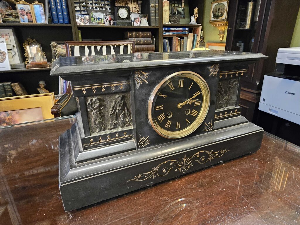19th Century French Empire Black Slate Mantle Clock
