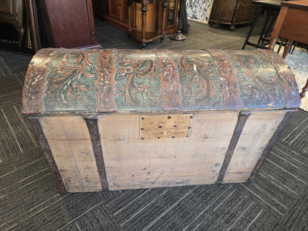 Fantastic Continental Original Painted Dome-Top Hope Chest, Dated 1804