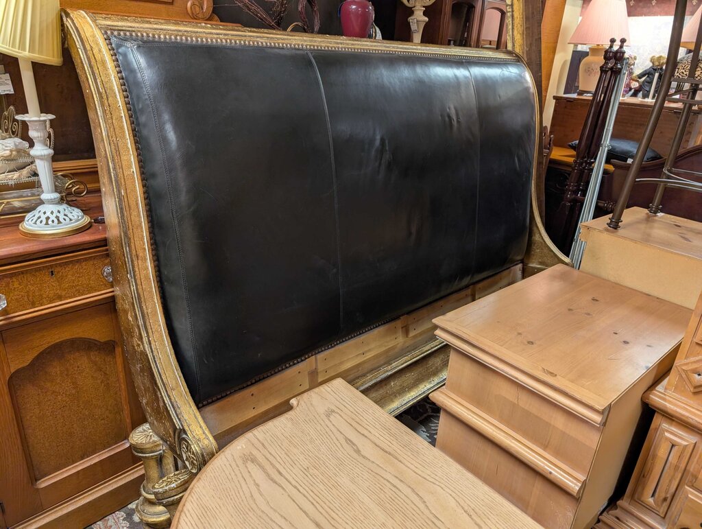 Gold Gilded Leather Upholstered King Size Bed