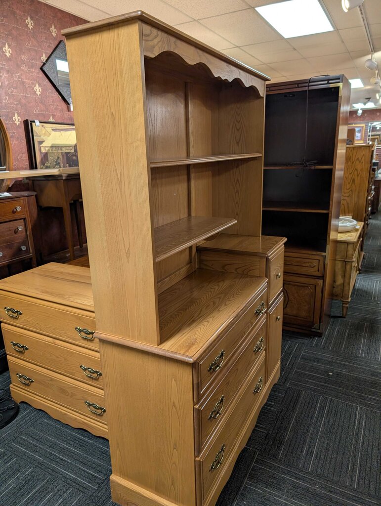 Oak Finish Dresser With Bookshelf Top