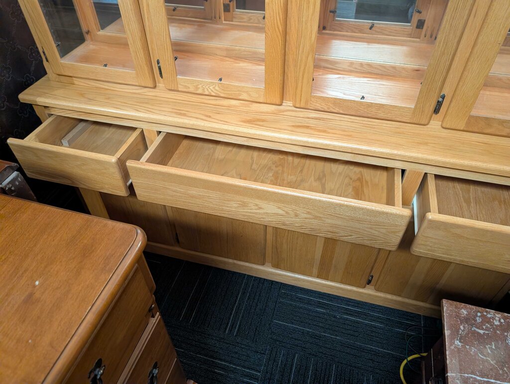 Custom Made Oak Lighted 2 pc China Cabinet
