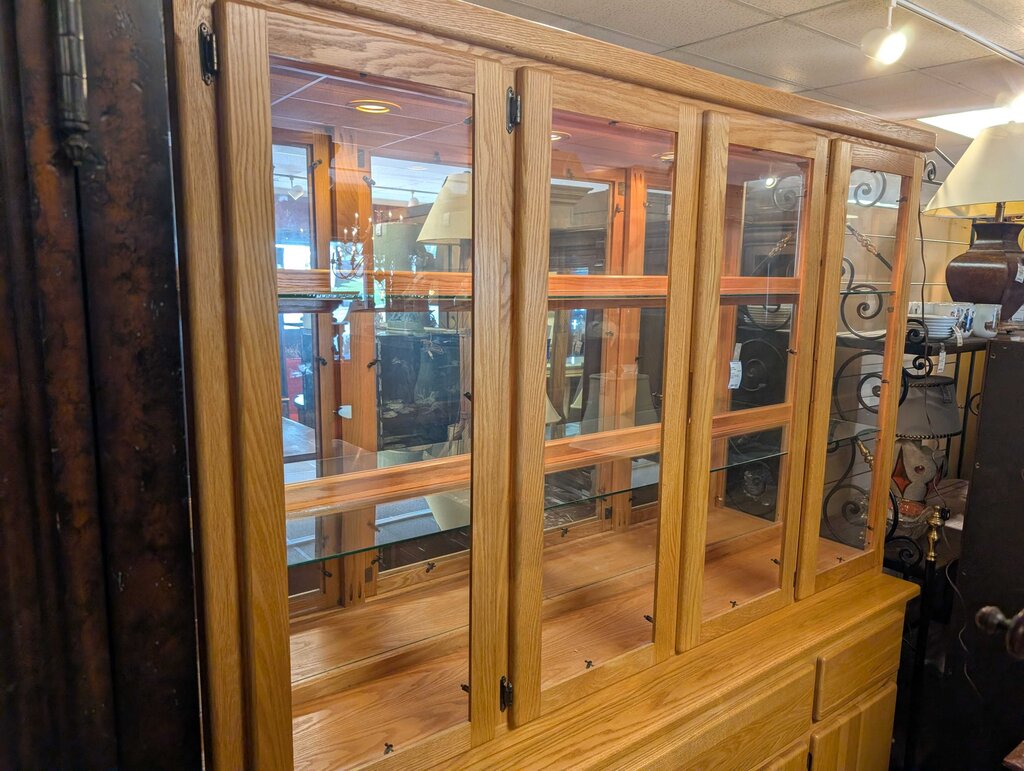 Custom Made Oak Lighted 2 pc China Cabinet