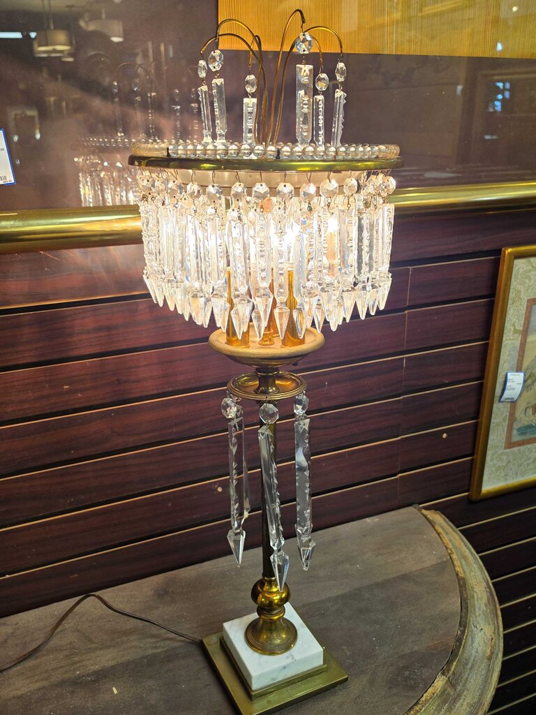 Circa 1950 Brass & Crystal Prism Table Lamp