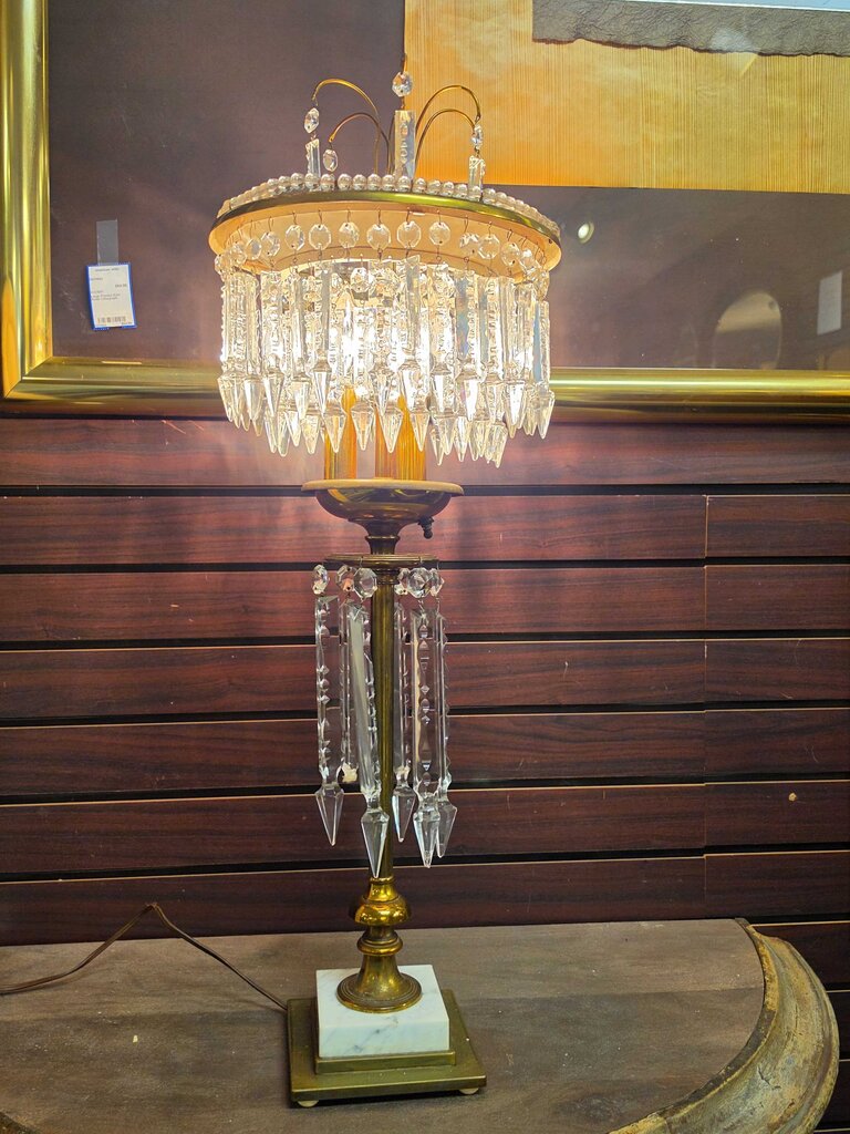 Circa 1950 Brass & Crystal Prism Table Lamp
