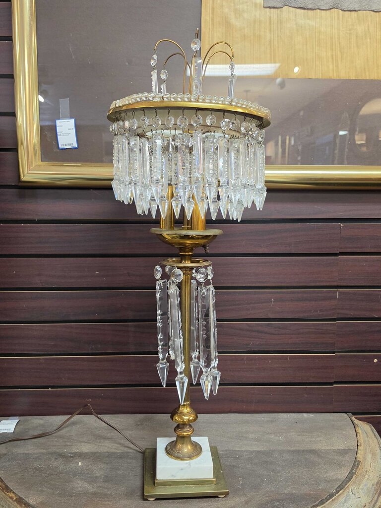Circa 1950 Brass & Crystal Prism Table Lamp