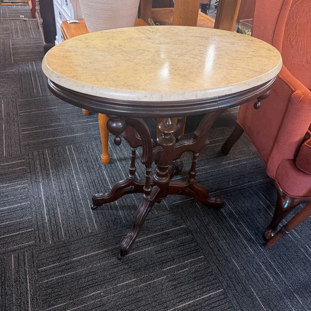Victorian Carrara Oval Marble Top Table w/ Walnut Base