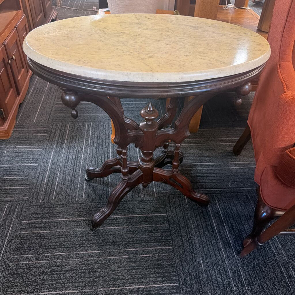 Victorian Carrara Oval Marble Top Table w/ Walnut Base
