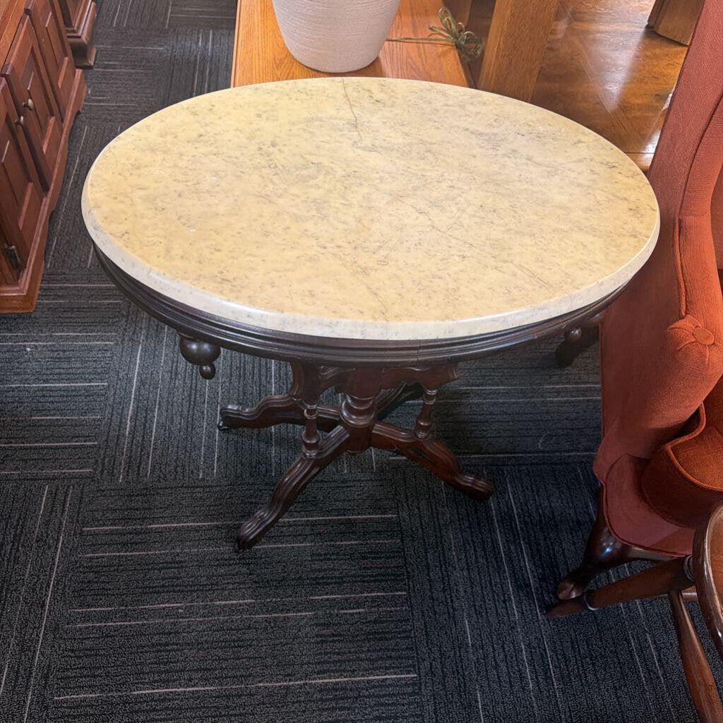 Victorian Carrara Oval Marble Top Table w/ Walnut Base