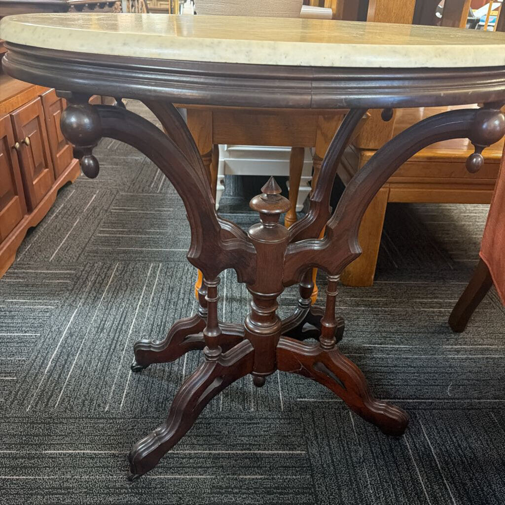Victorian Carrara Oval Marble Top Table w/ Walnut Base
