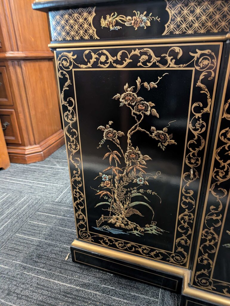 Hand Painted Black Lacquer Chinoiserie Oriental Sideboard by Drexel