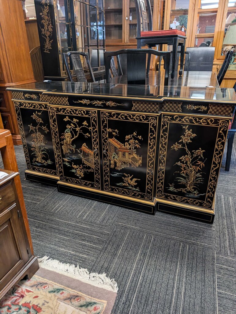 Hand Painted Black Lacquer Chinoiserie Oriental Sideboard by Drexel