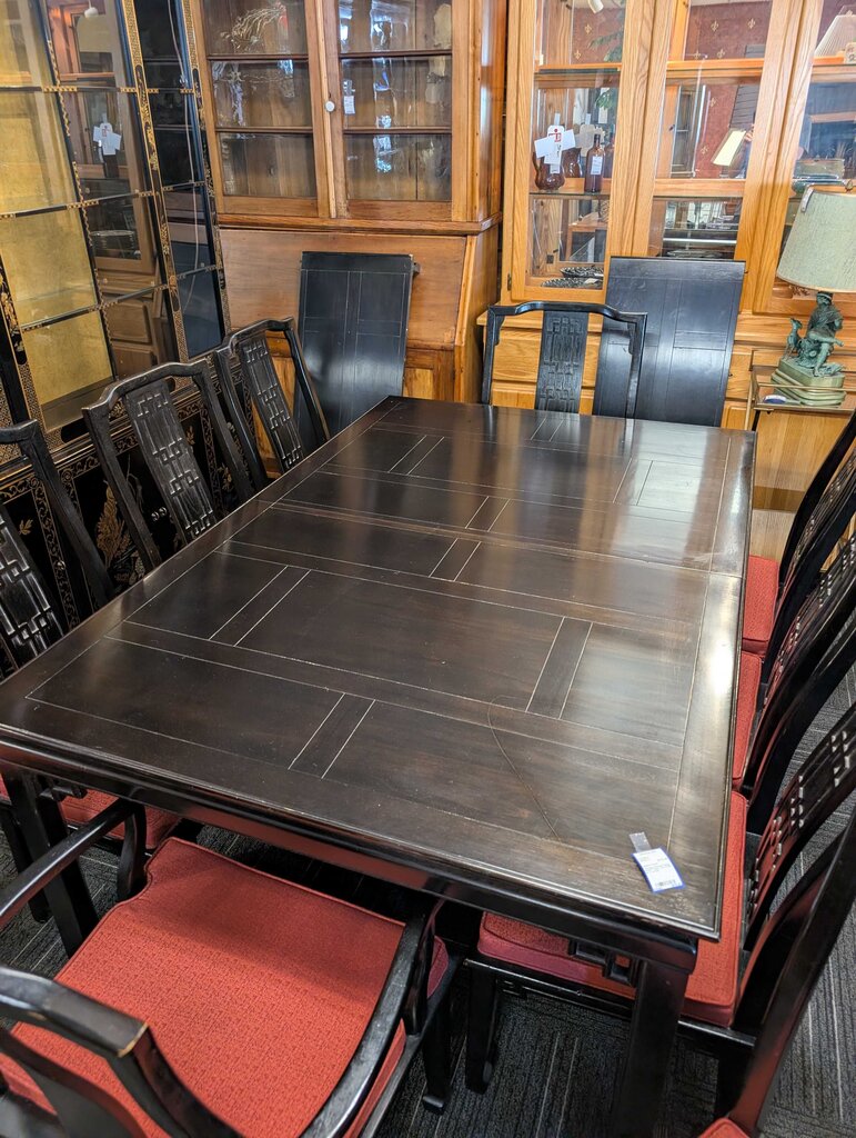 Vintage Oriental Dining Room Table, Ten Chairs, & 2 Leaves