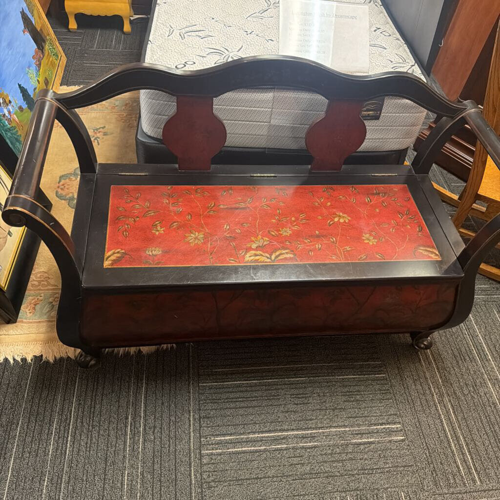 Contemporary Black & Burgundy Painted Bench w/ Storage
