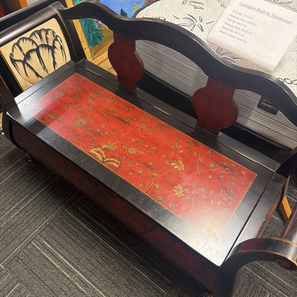 Contemporary Black & Burgundy Painted Bench w/ Storage