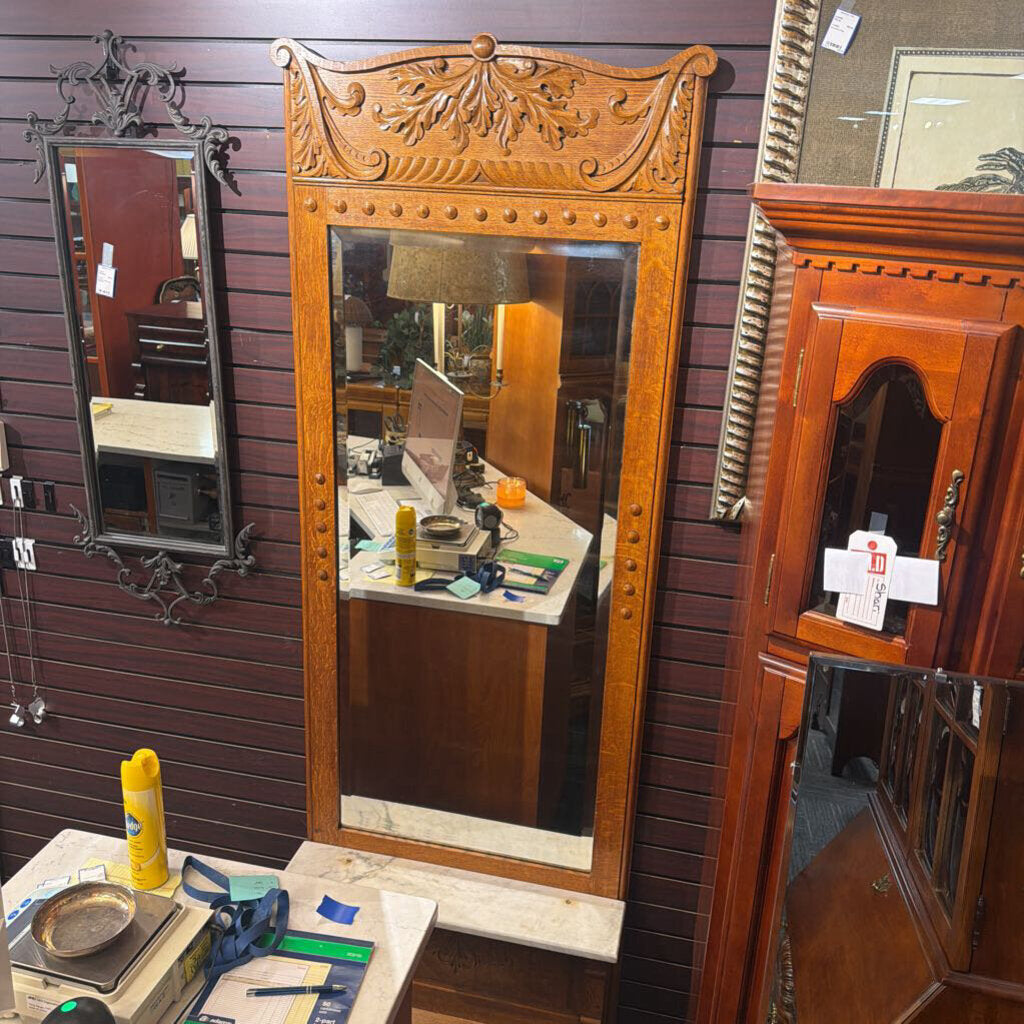Antique Oak Pier Mirror w/ Marble Shelf