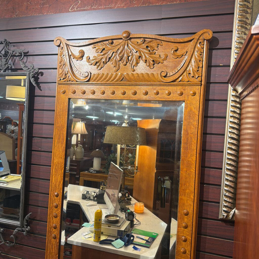 Antique Oak Pier Mirror w/ Marble Shelf