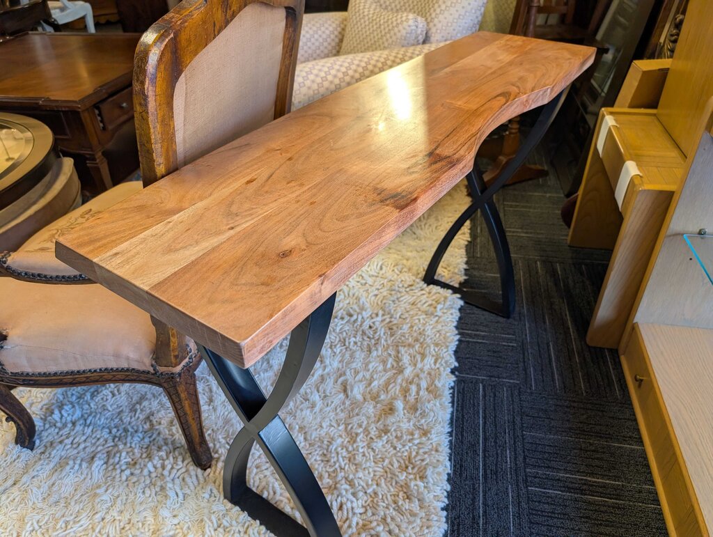 Live-edge Acacia Wood Console w/ Black Iron X-frame Base