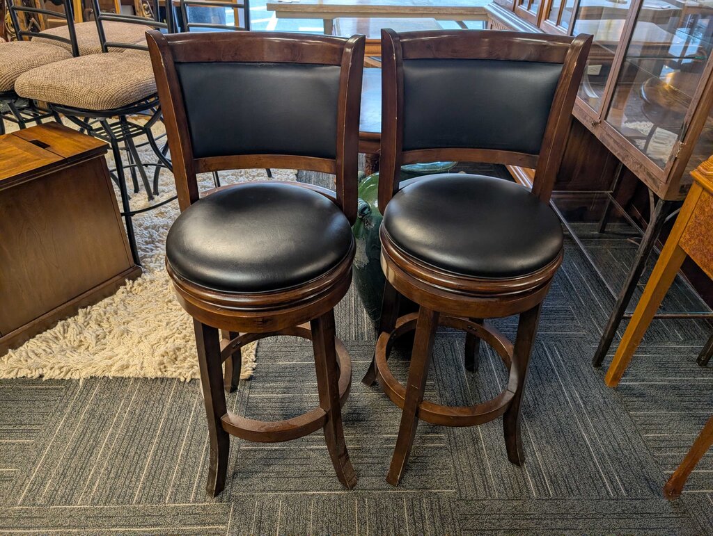 Pair of Contemporary Wood Swivel Bar Stools w/ Black Upholstered Seat & Backs