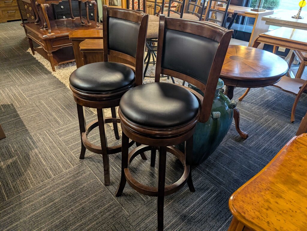 Pair of Contemporary Wood Swivel Bar Stools w/ Black Upholstered Seat & Backs