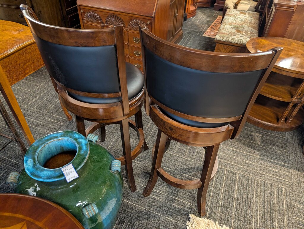 Pair of Contemporary Wood Swivel Bar Stools w/ Black Upholstered Seat & Backs